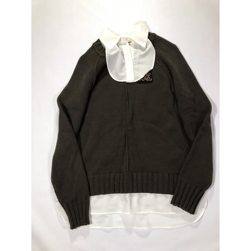 Lauren Ralph Lauren Brown Green White Crest Sweater Crew Neck Knit Size Medium
